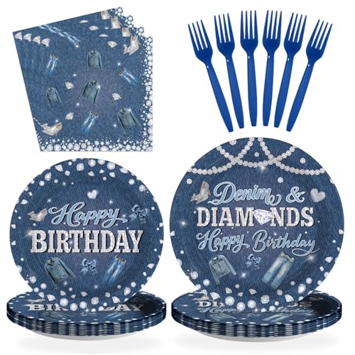96 Pcs Denim Diamonds Party Plates and Napkins - Grencian