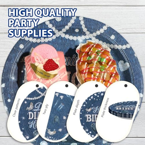 96 Pcs Denim Diamonds Party Plates and Napkins - Grencian