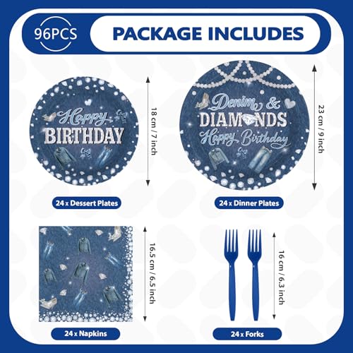 96 Pcs Denim Diamonds Party Plates and Napkins - Grencian