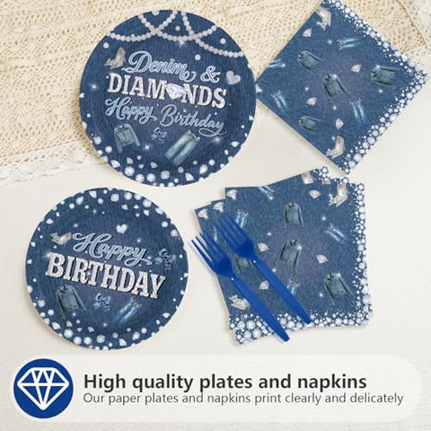 96 Pcs Denim Diamonds Party Plates and Napkins - Grencian