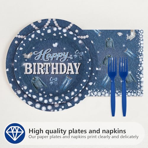96 Pcs Denim Diamonds Party Plates and Napkins - Grencian