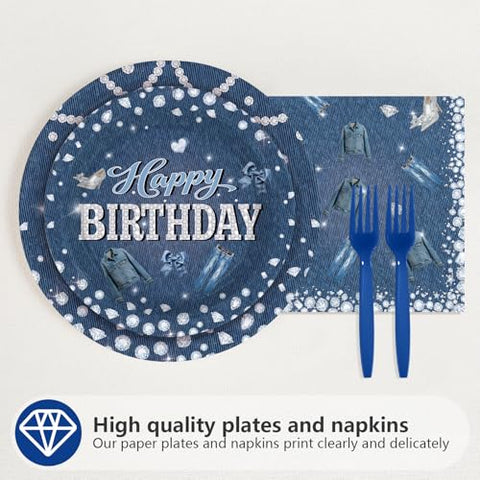 96 Pcs Denim Diamonds Party Plates and Napkins - Grencian