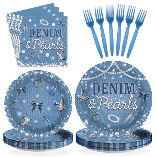 96 Pcs Denim and Pearls Party Plates and Napkins - Grencian