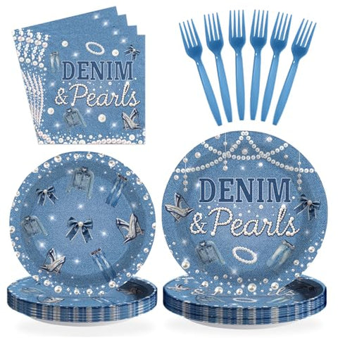 96 Pcs Denim and Pearls Party Plates and Napkins - Grencian