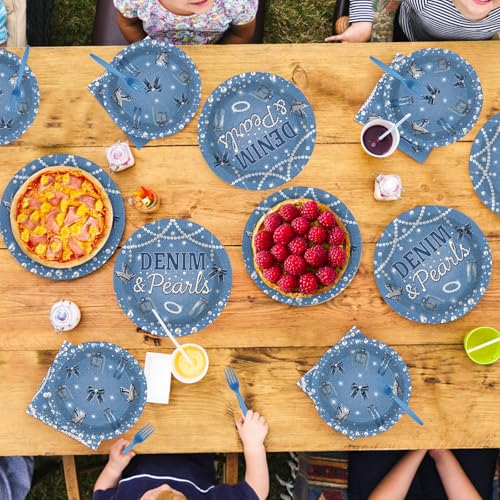 96 Pcs Denim and Pearls Party Plates and Napkins - Grencian