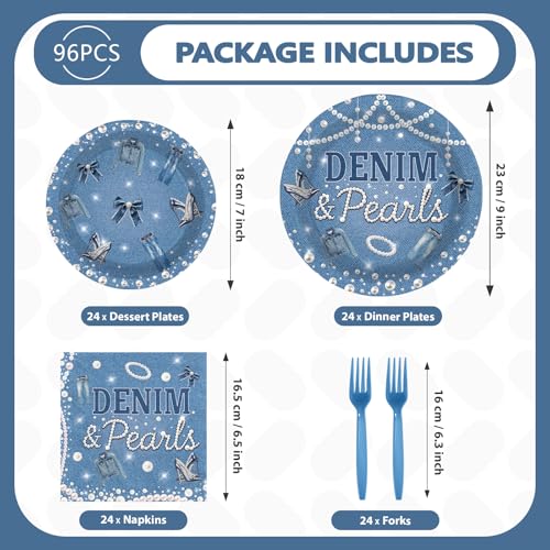 96 Pcs Denim and Pearls Party Plates and Napkins - Grencian