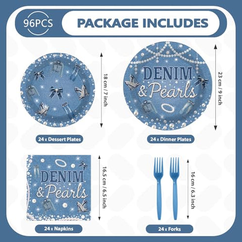 96 Pcs Denim and Pearls Party Plates and Napkins - Grencian