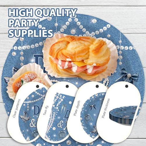 96 Pcs Denim and Pearls Party Plates and Napkins - Grencian