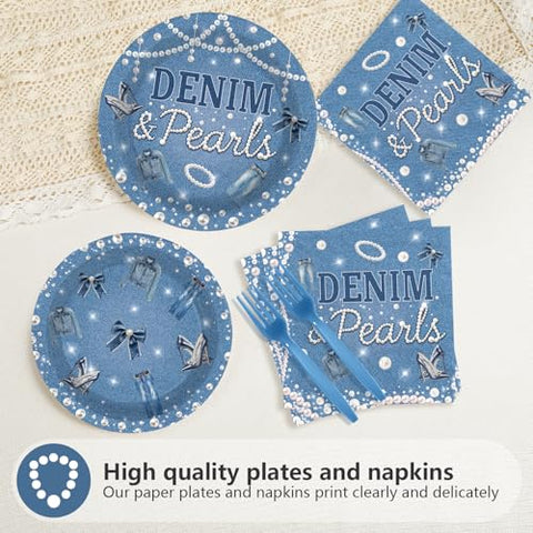 96 Pcs Denim and Pearls Party Plates and Napkins - Grencian