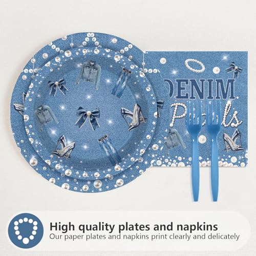 96 Pcs Denim and Pearls Party Plates and Napkins - Grencian