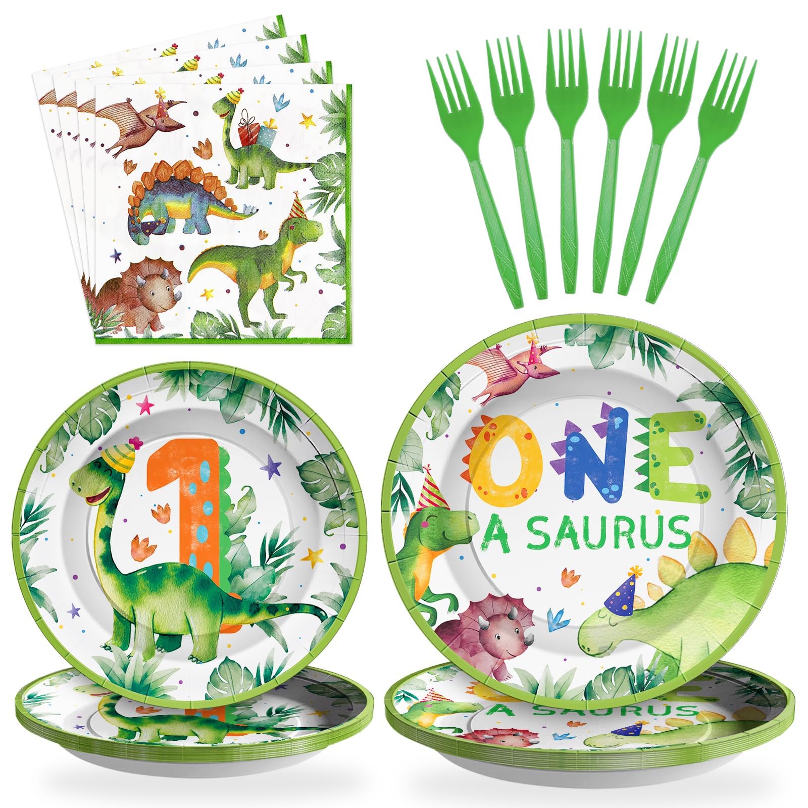 96 Pcs Dinosaur 1st Birthday Party Plates and Napkins - Grencian
