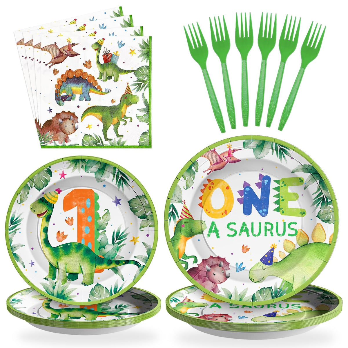 96 Pcs Dinosaur 1st Birthday Party Plates and Napkins - Grencian