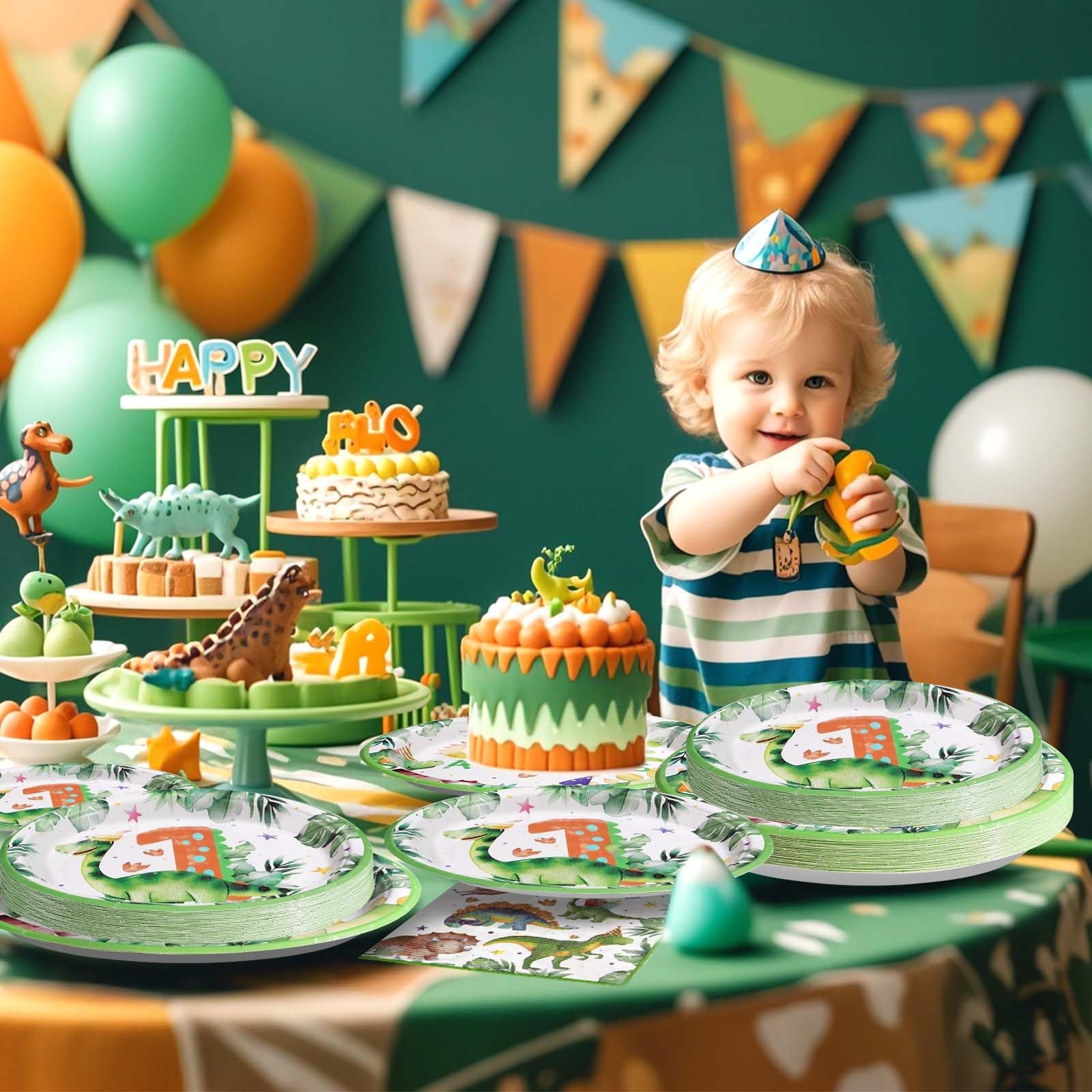 96 Pcs Dinosaur 1st Birthday Party Plates and Napkins - Grencian