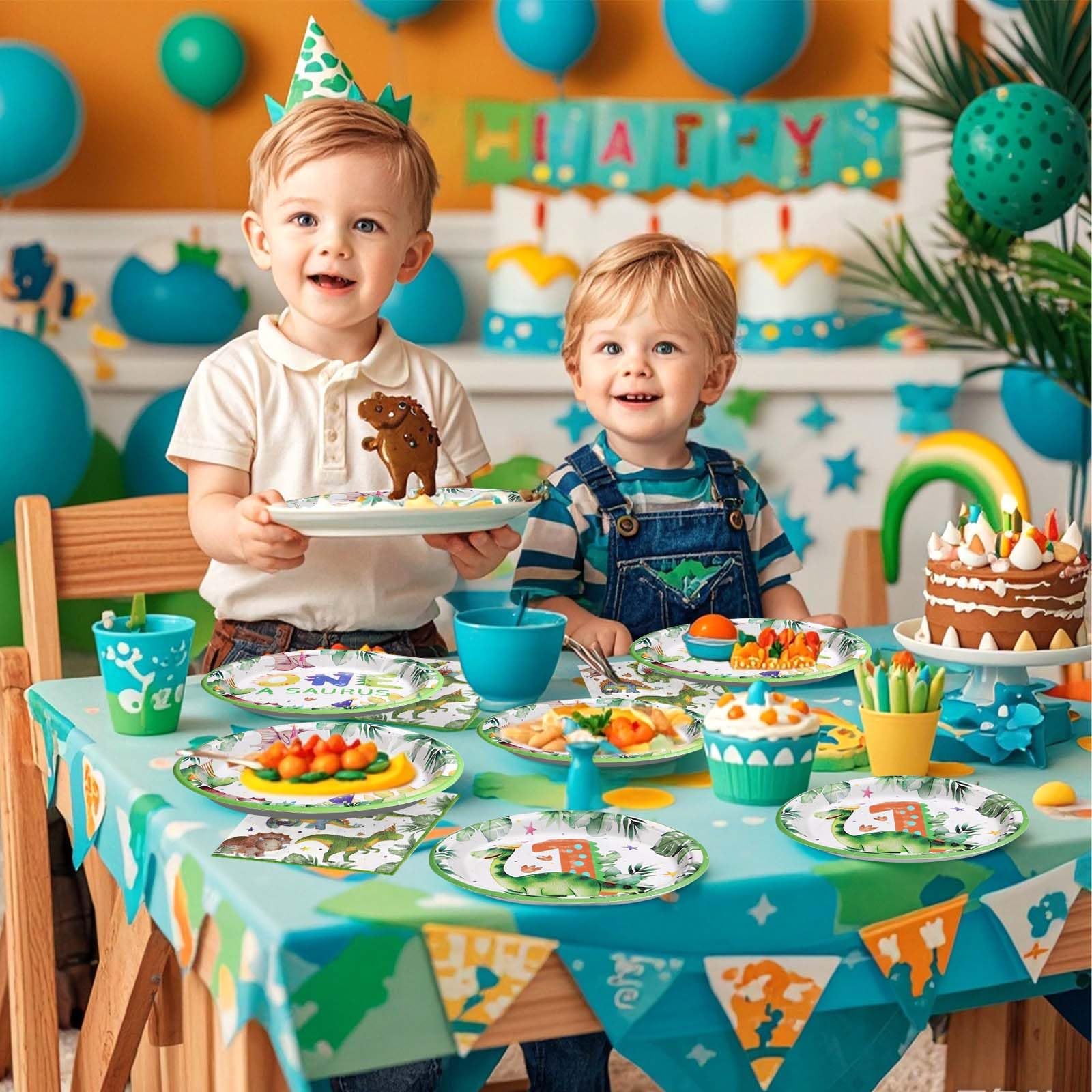 96 Pcs Dinosaur 1st Birthday Party Plates and Napkins - Grencian