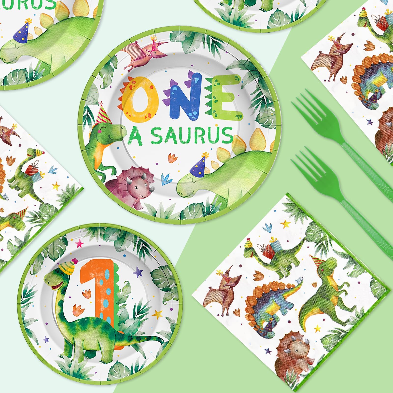 96 Pcs Dinosaur 1st Birthday Party Plates and Napkins - Grencian