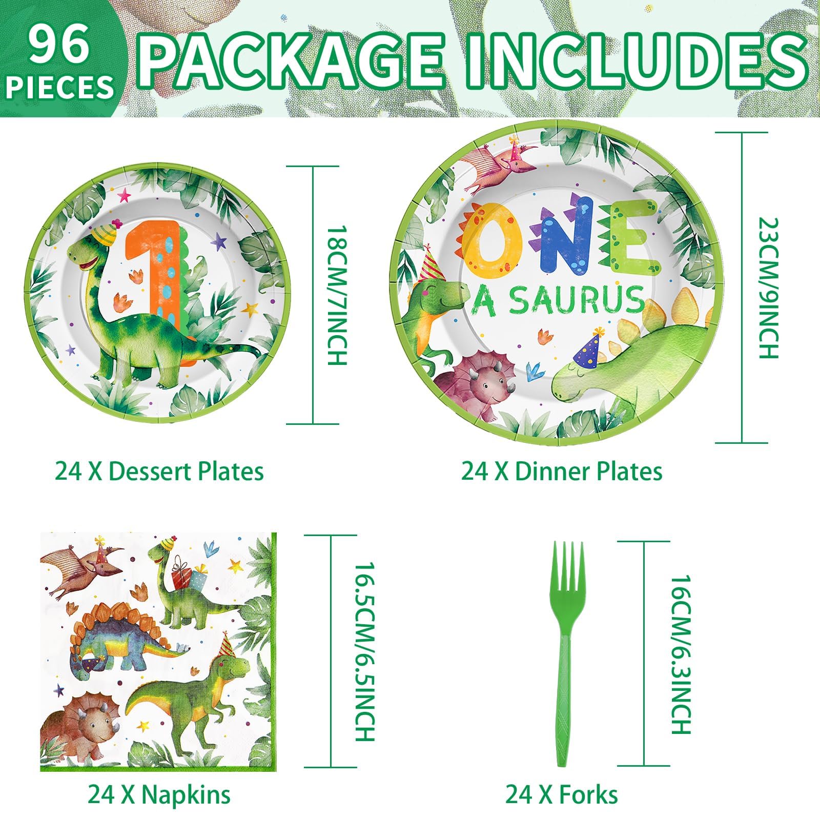 96 Pcs Dinosaur 1st Birthday Party Plates and Napkins - Grencian