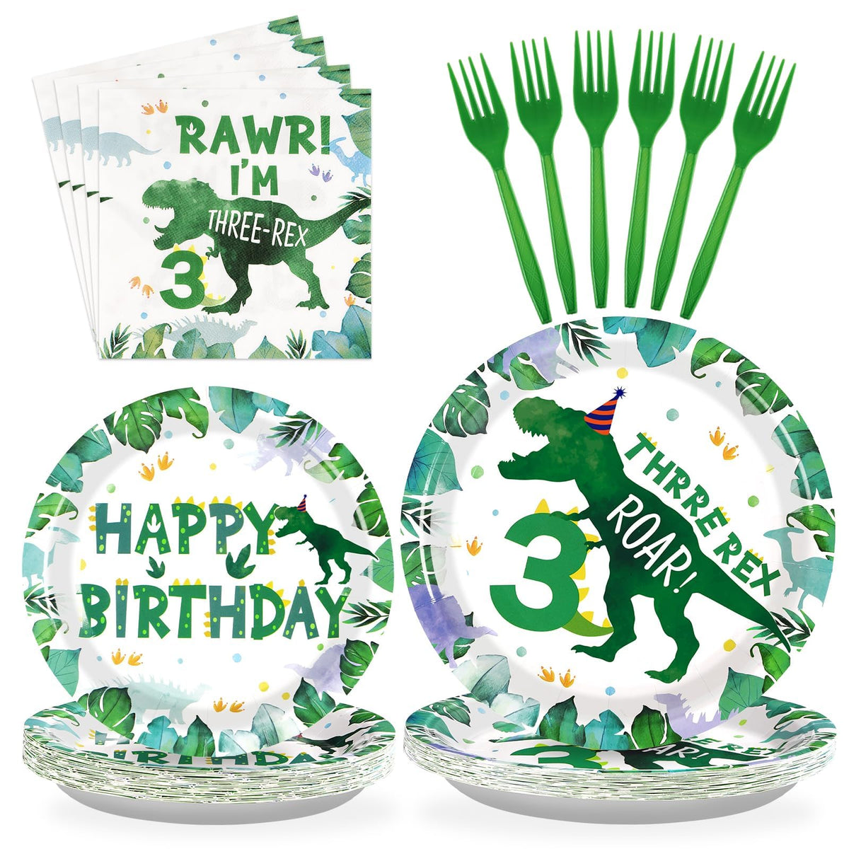 96 Pcs Dinosaur 3rd Birthday Party Plates and Napkins - Grencian