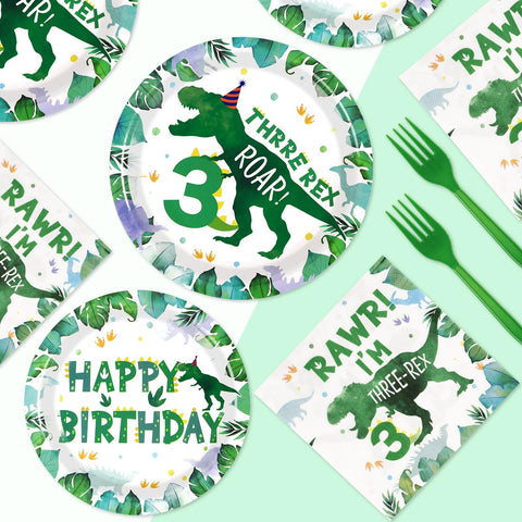96 Pcs Dinosaur 3rd Birthday Party Plates and Napkins - Grencian