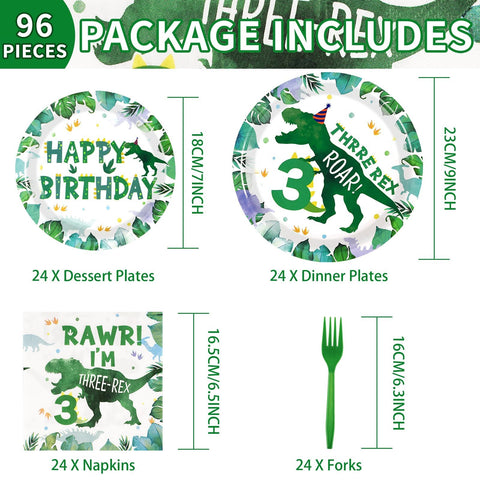 96 Pcs Dinosaur 3rd Birthday Party Plates and Napkins - Grencian