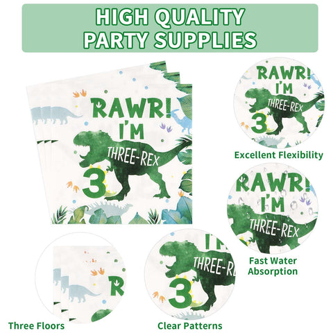 96 Pcs Dinosaur 3rd Birthday Party Plates and Napkins - Grencian