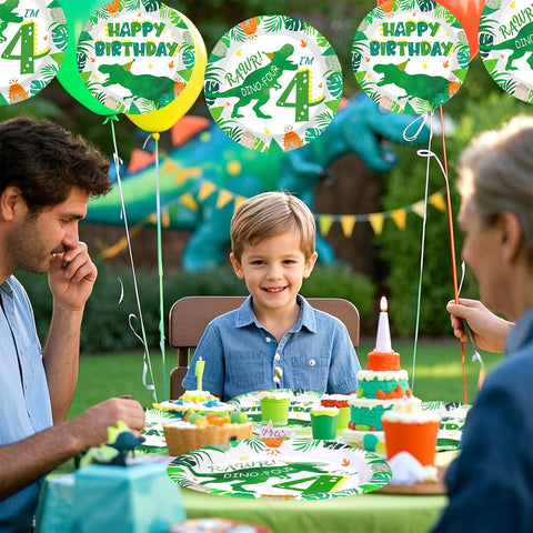 96 Pcs Dinosaur 4th Birthday Party Plates and Napkins - Grencian