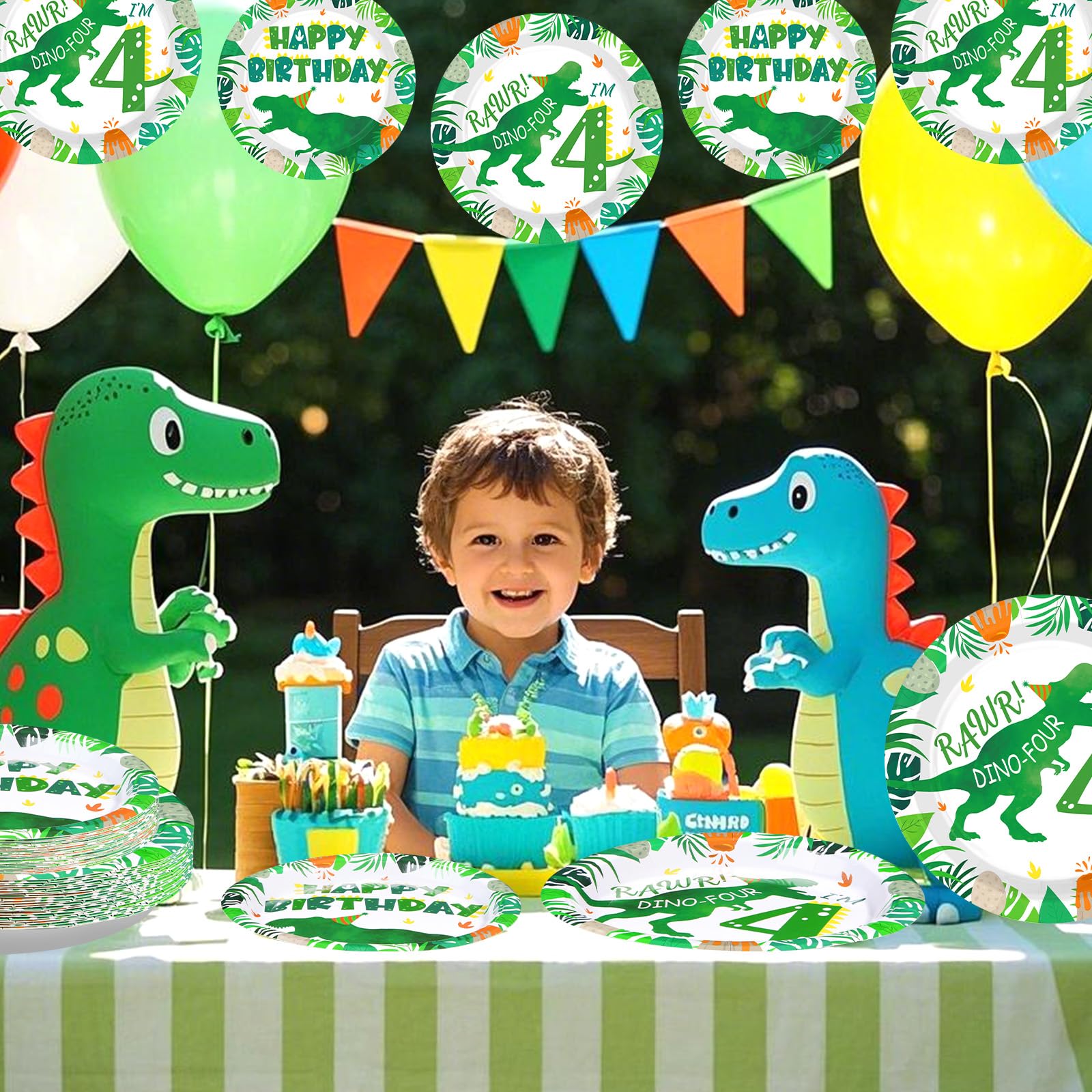 96 Pcs Dinosaur 4th Birthday Party Plates and Napkins - Grencian