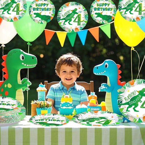 96 Pcs Dinosaur 4th Birthday Party Plates and Napkins - Grencian