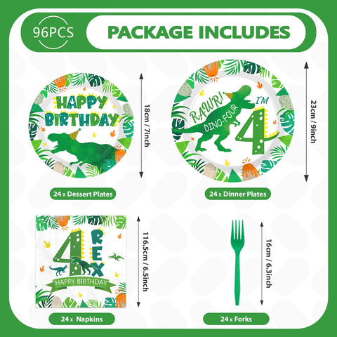 96 Pcs Dinosaur 4th Birthday Party Plates and Napkins - Grencian