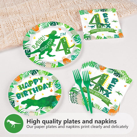 96 Pcs Dinosaur 4th Birthday Party Plates and Napkins - Grencian