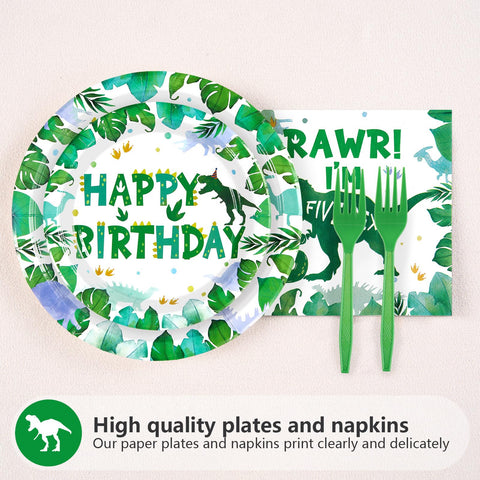 96 Pcs Dinosaur 5th Birthday Party Plates and Napkins - Grencian