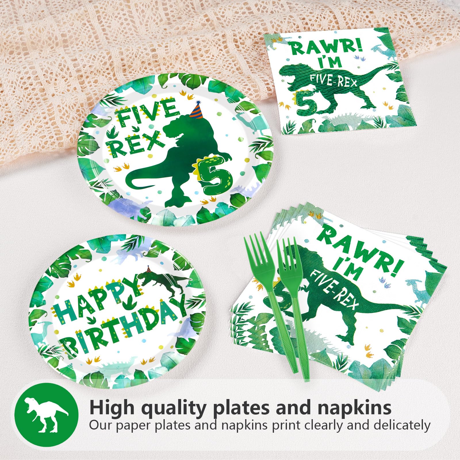 96 Pcs Dinosaur 5th Birthday Party Plates and Napkins - Grencian