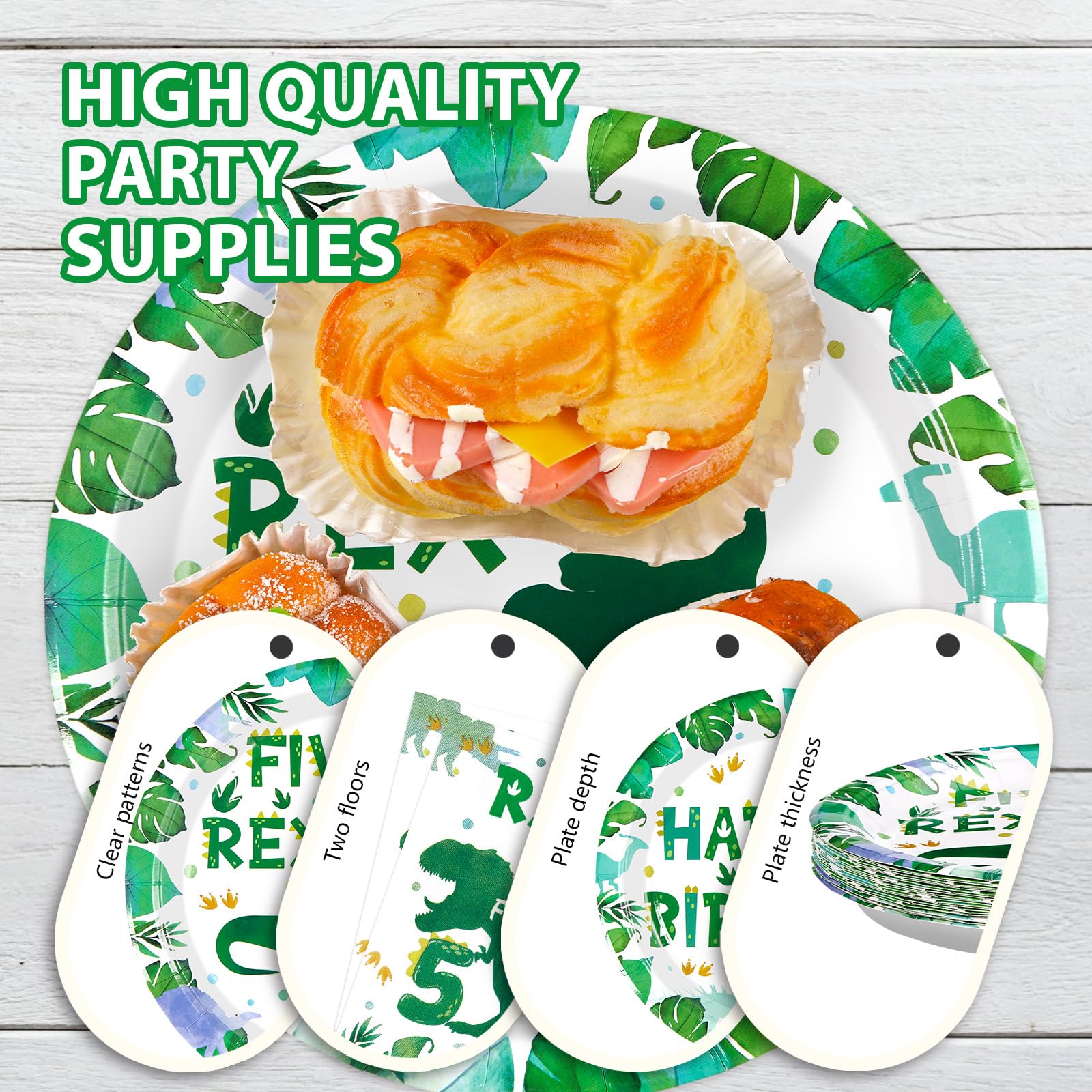 96 Pcs Dinosaur 5th Birthday Party Plates and Napkins - Grencian