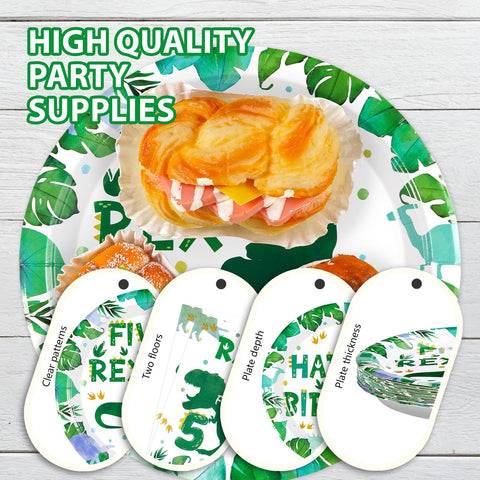 96 Pcs Dinosaur 5th Birthday Party Plates and Napkins - Grencian