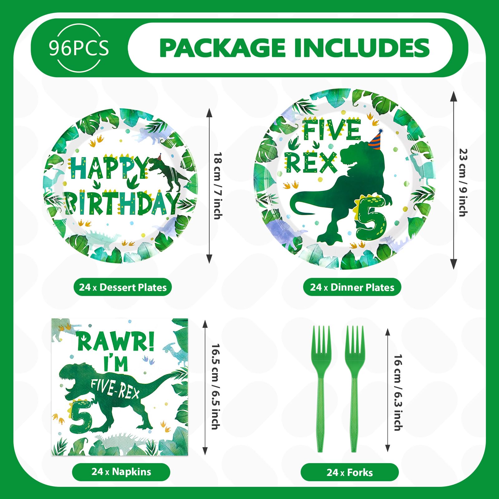 96 Pcs Dinosaur 5th Birthday Party Plates and Napkins - Grencian