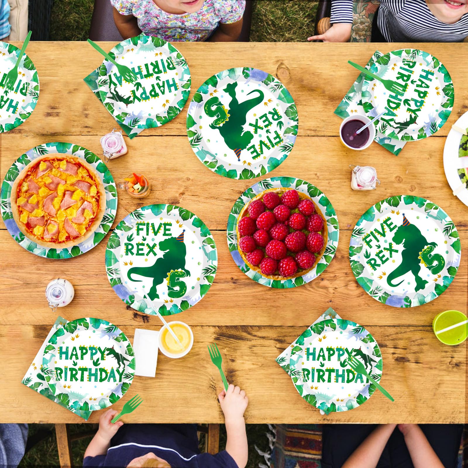 96 Pcs Dinosaur 5th Birthday Party Plates and Napkins - Grencian