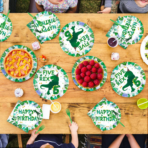 96 Pcs Dinosaur 5th Birthday Party Plates and Napkins - Grencian