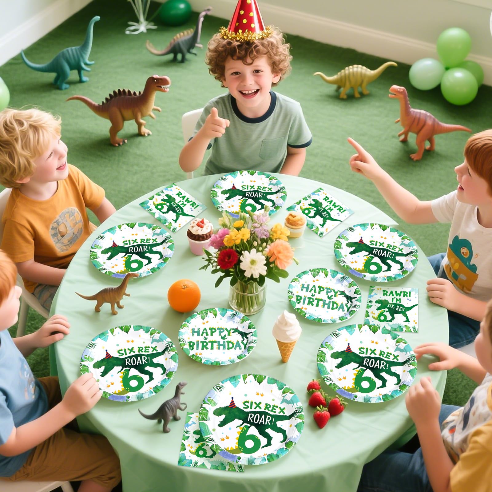 96 Pcs Dinosaur 6th Birthday Party Plates and Napkins - Grencian