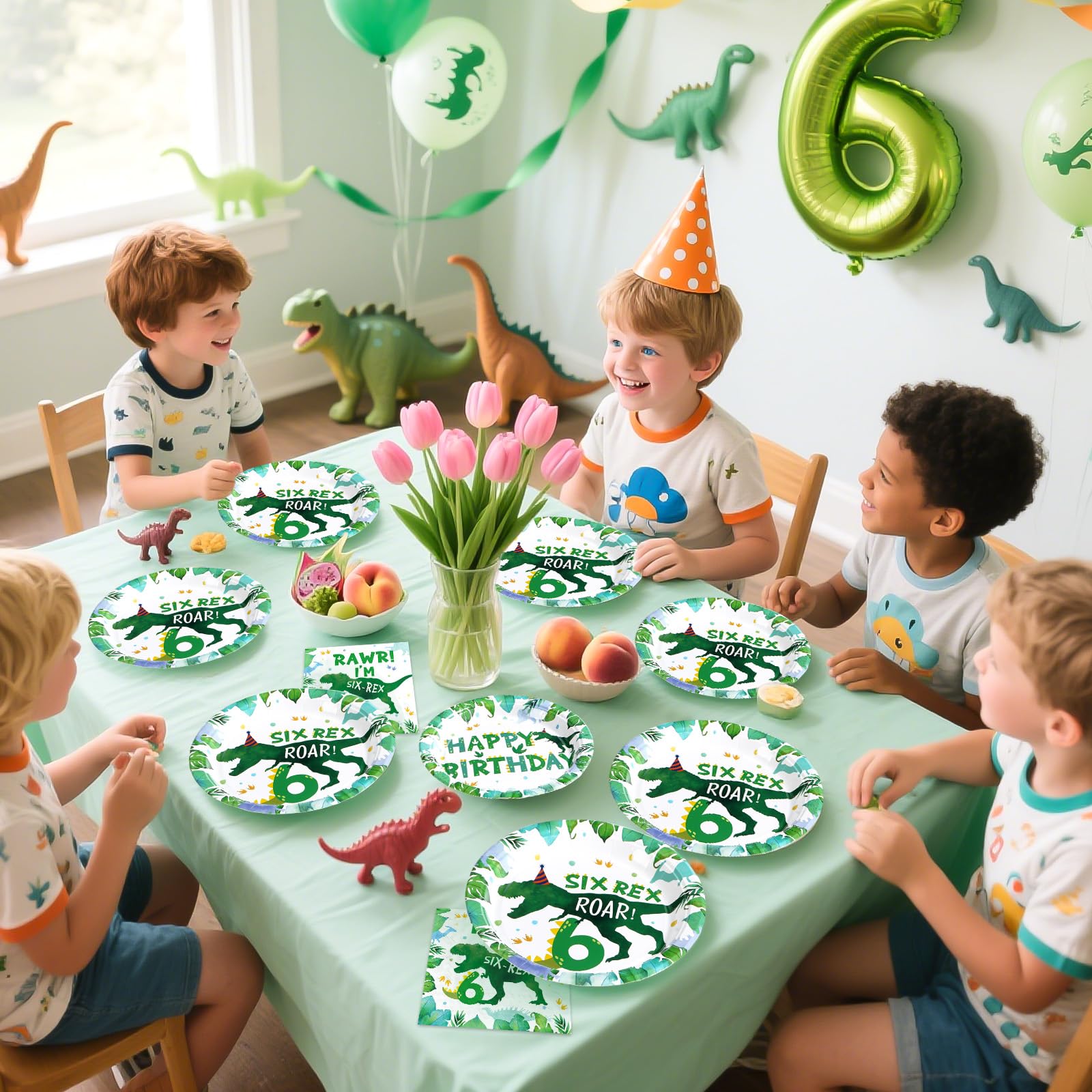 96 Pcs Dinosaur 6th Birthday Party Plates and Napkins - Grencian