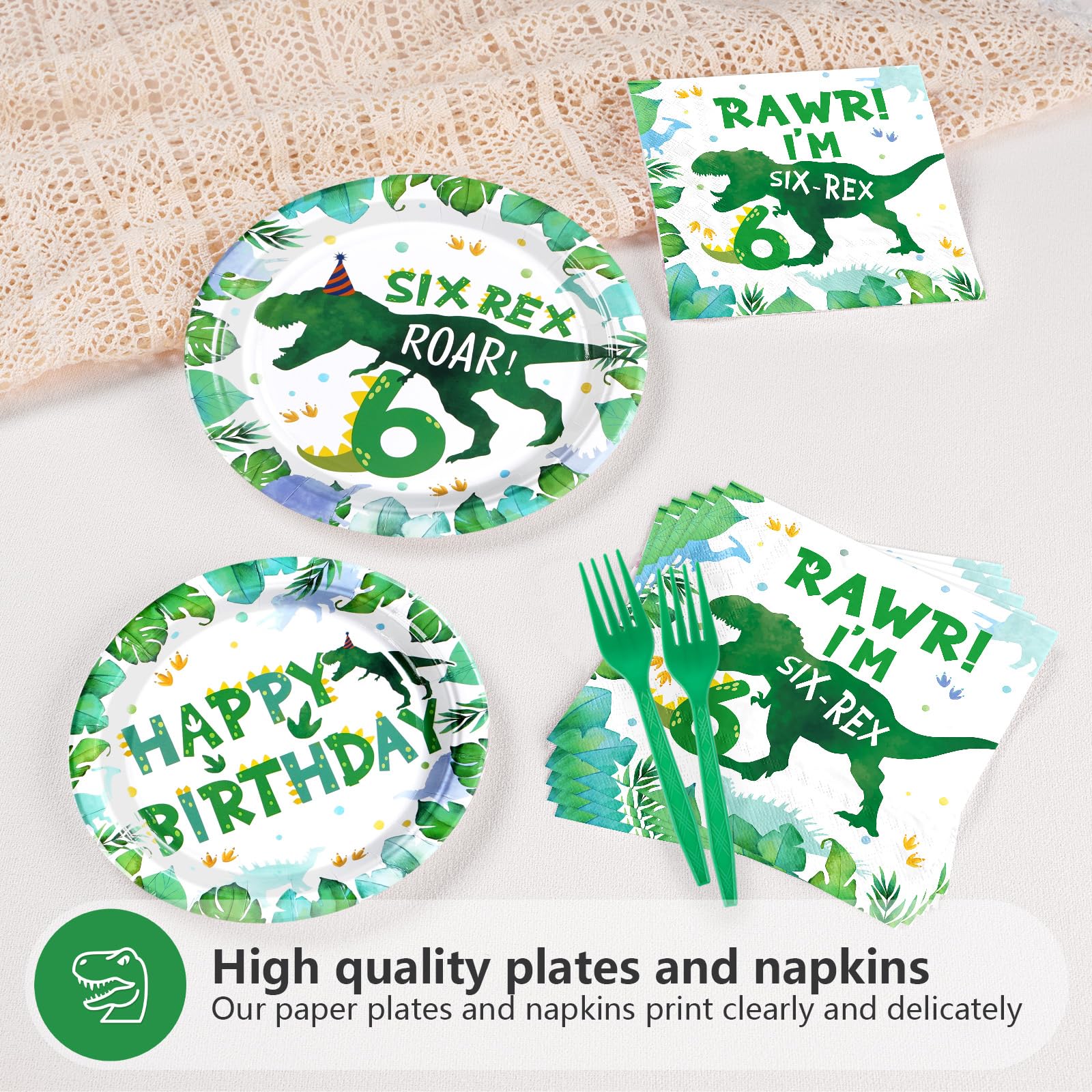 96 Pcs Dinosaur 6th Birthday Party Plates and Napkins - Grencian