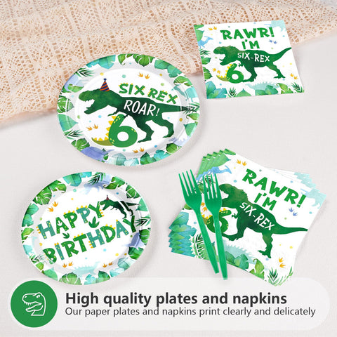 96 Pcs Dinosaur 6th Birthday Party Plates and Napkins - Grencian