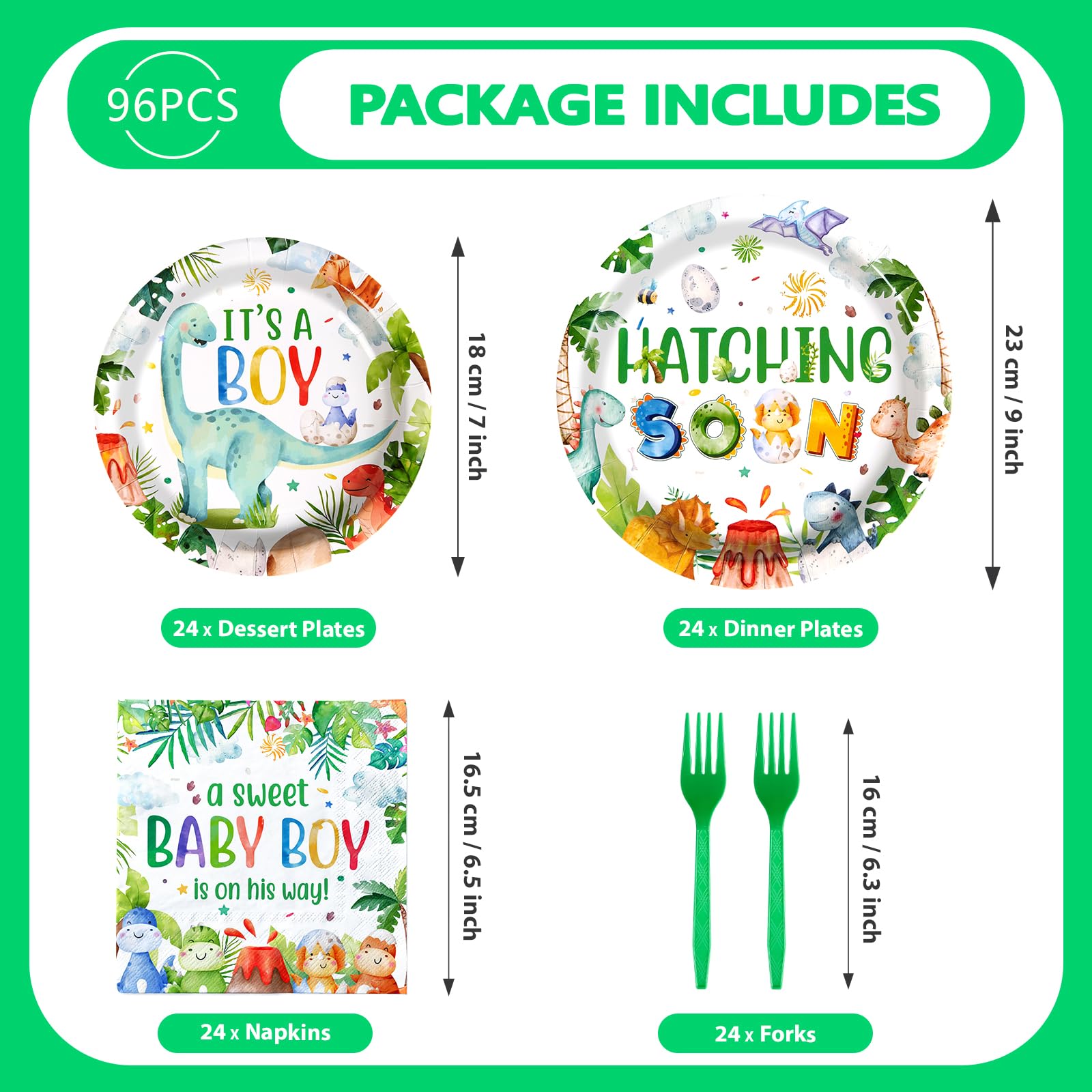 96 Pcs Dinosaur Baby Shower Party Plates and Napkins - Grencian