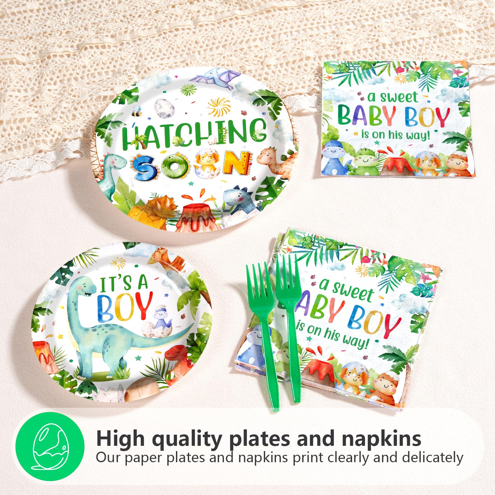 96 Pcs Dinosaur Baby Shower Party Plates and Napkins - Grencian