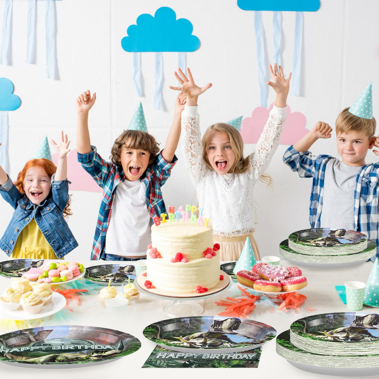 96 Pcs Dinosaur Birthday Party Plates and Napkins