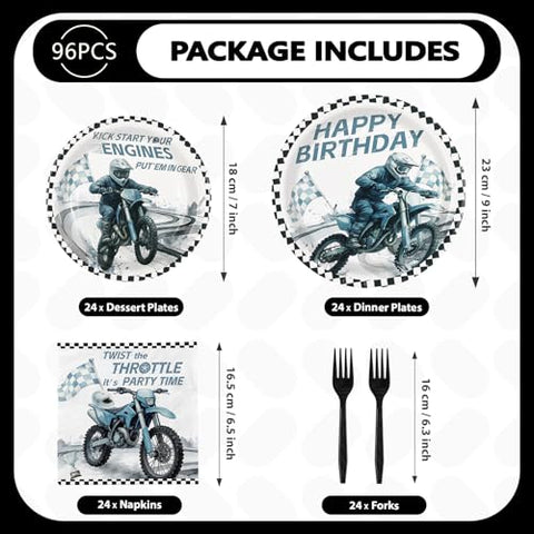 96 Pcs Dirt Bike Birthday Party Plates and Napkins - Grencian