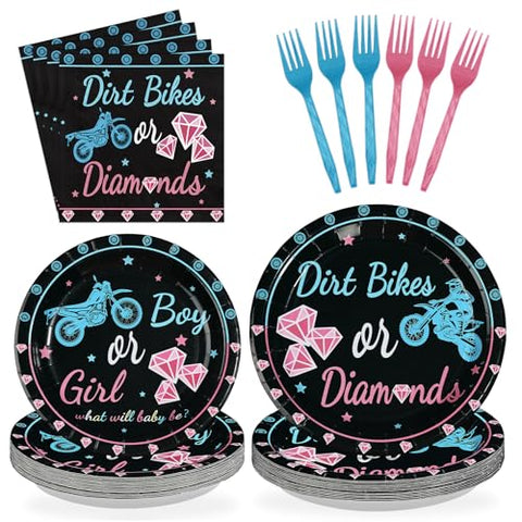 96 Pcs Dirt Bikes Gender Reveal Party Plates and Napkins - Grencian