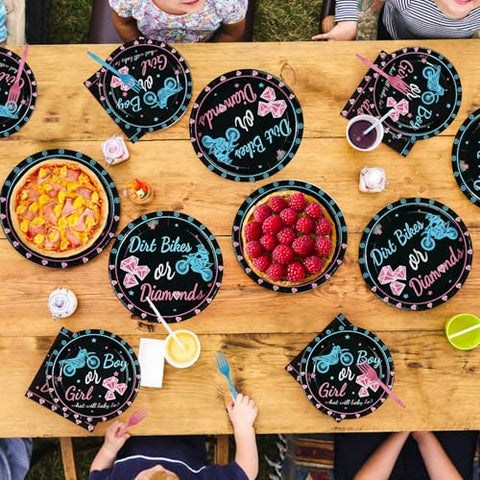96 Pcs Dirt Bikes Gender Reveal Party Plates and Napkins - Grencian
