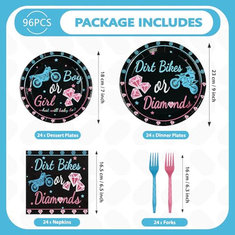 96 Pcs Dirt Bikes Gender Reveal Party Plates and Napkins - Grencian