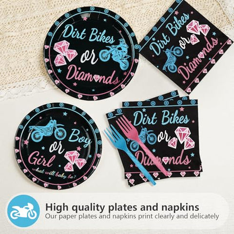 96 Pcs Dirt Bikes Gender Reveal Party Plates and Napkins - Grencian