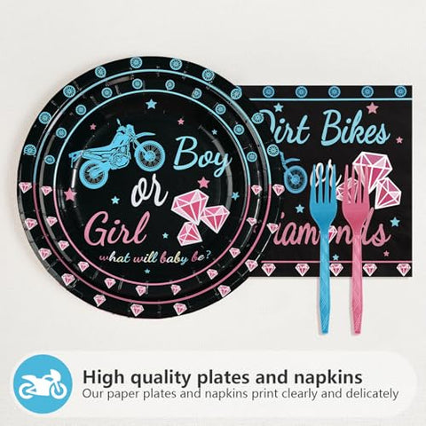 96 Pcs Dirt Bikes Gender Reveal Party Plates and Napkins - Grencian
