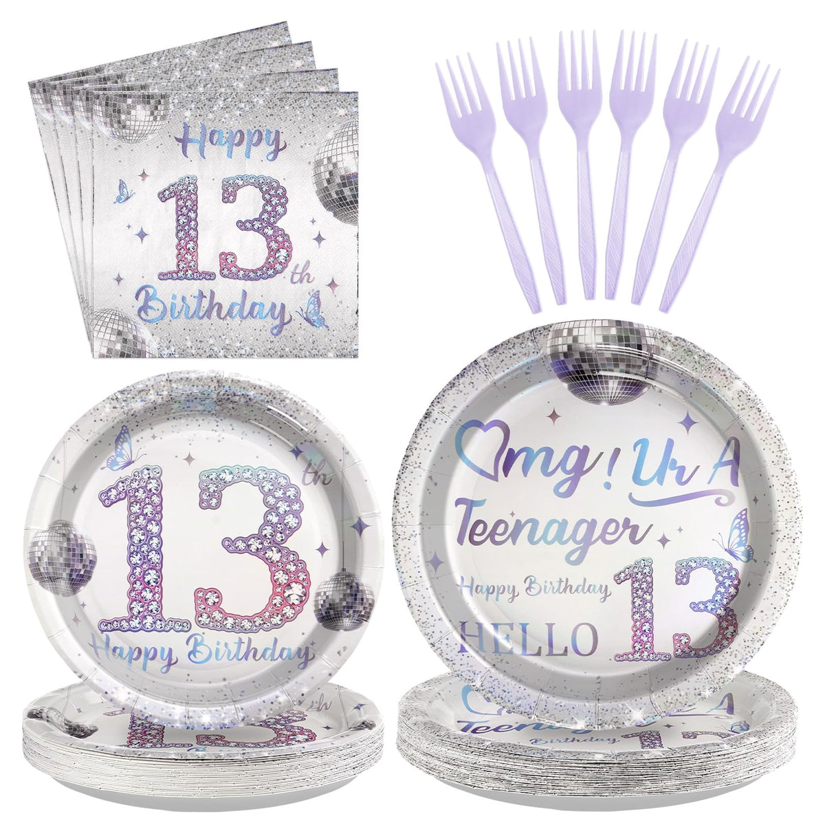 96 Pcs Disco 13th Birthday Party Plates and Napkins - Grencian